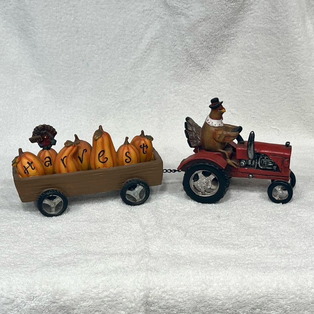 THANKSGIVING TURKEY TRACTOR/ PUMPKINS WAGON Figurine "HAPPY HARVEST" Fall Autumn